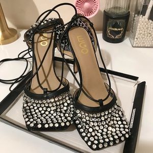 GENOA DIAMANTE DETAIL LACE UP SQUARE TOE COURT HEEL IN BLACK FISHNET